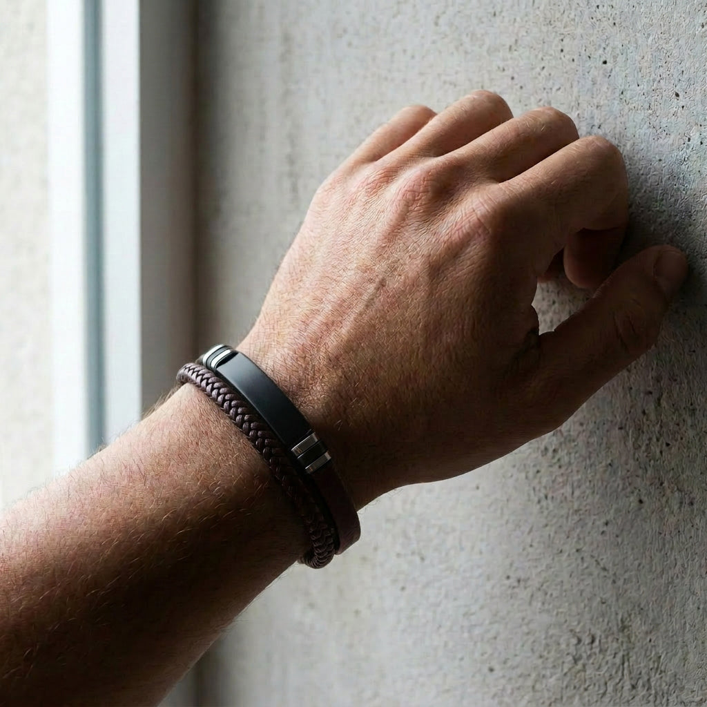 Delemon featuring a dual-strand brown leather bracelet with a central matte black stainless steel