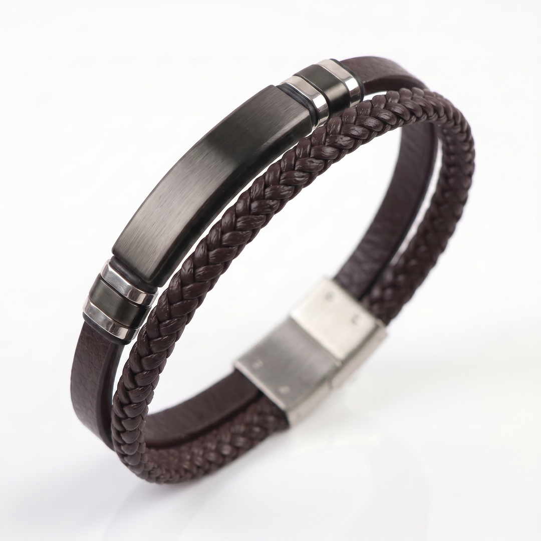 Delemon featuring a dual-strand brown leather bracelet with a central matte black stainless steel