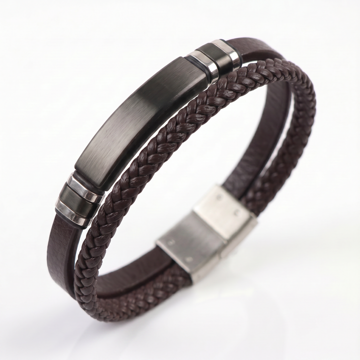 Delemon featuring a dual-strand brown leather bracelet with a central matte black stainless steel