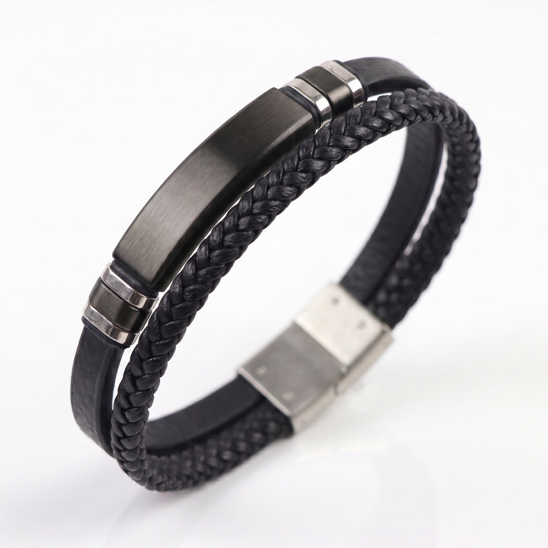 Delemon featuring a dual-strand brown leather bracelet with a central matte black stainless steel