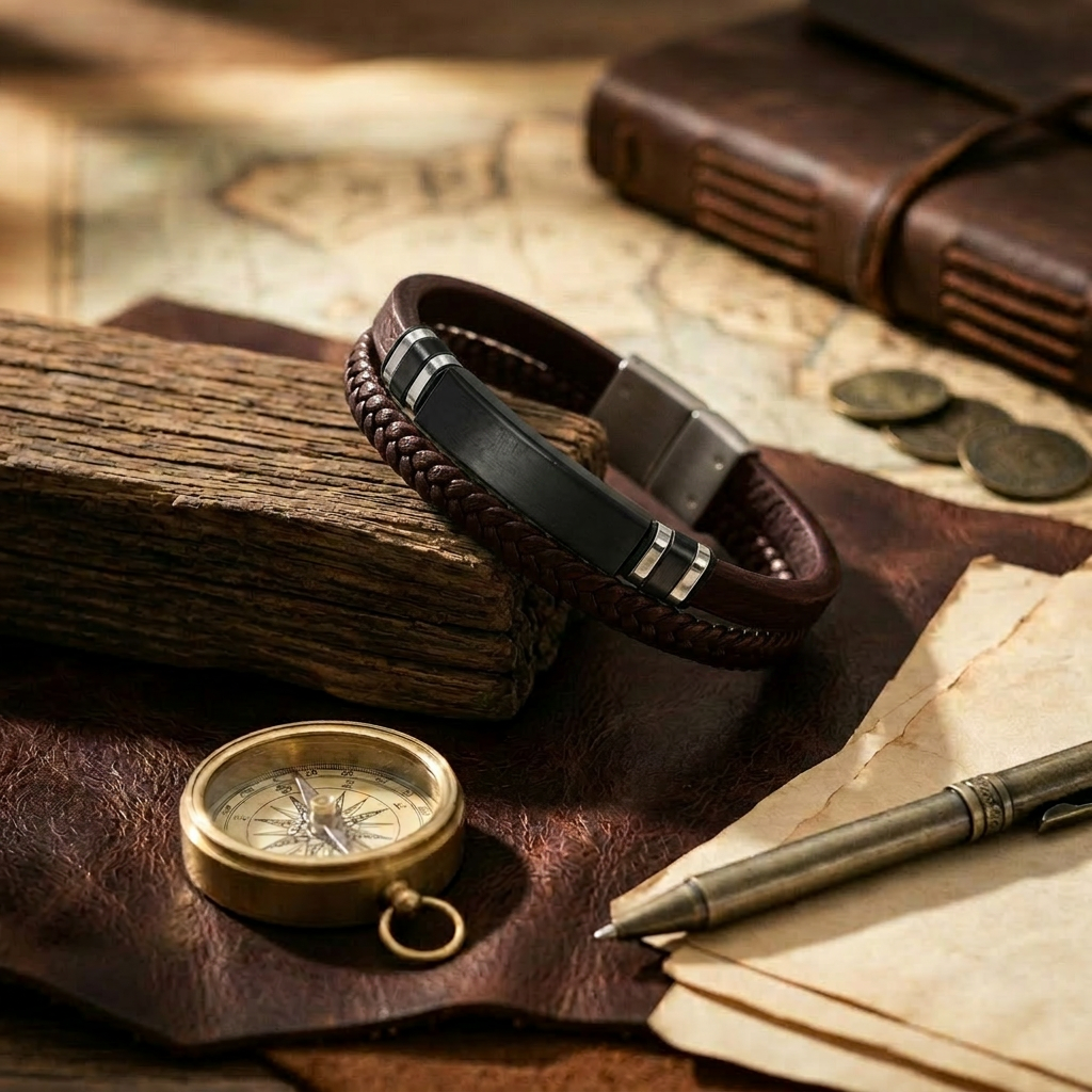 Delemon featuring a dual-strand brown leather bracelet with a central matte black stainless steel