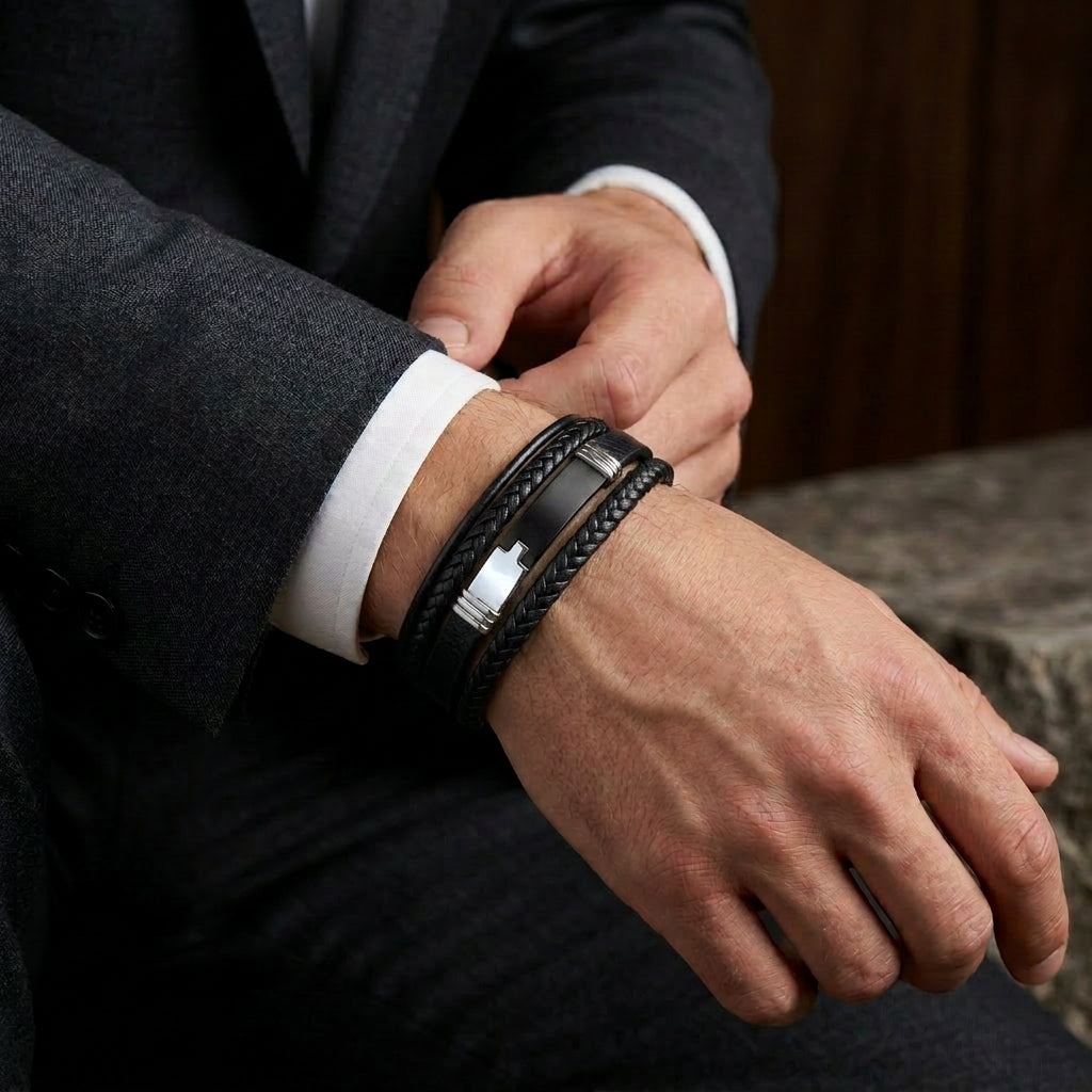 Delemon a pre-stacked multi-strand black braided leather bracelet