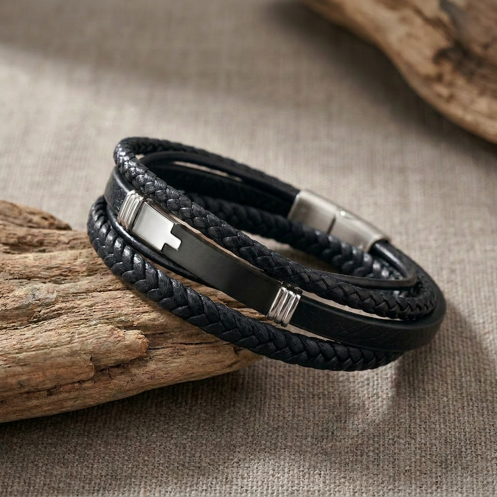 Delemon a pre-stacked multi-strand black braided leather bracelet