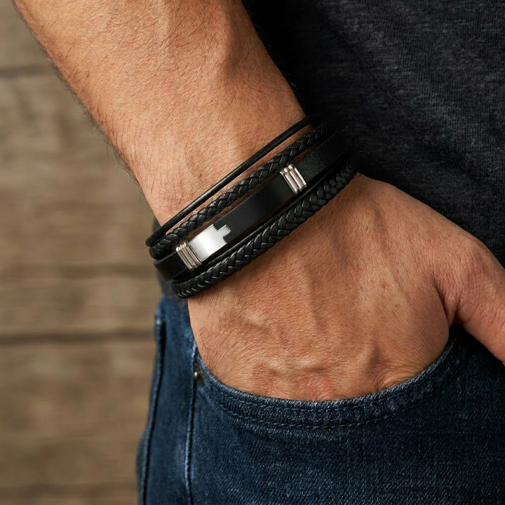 Delemon a pre-stacked multi-strand black braided leather bracelet