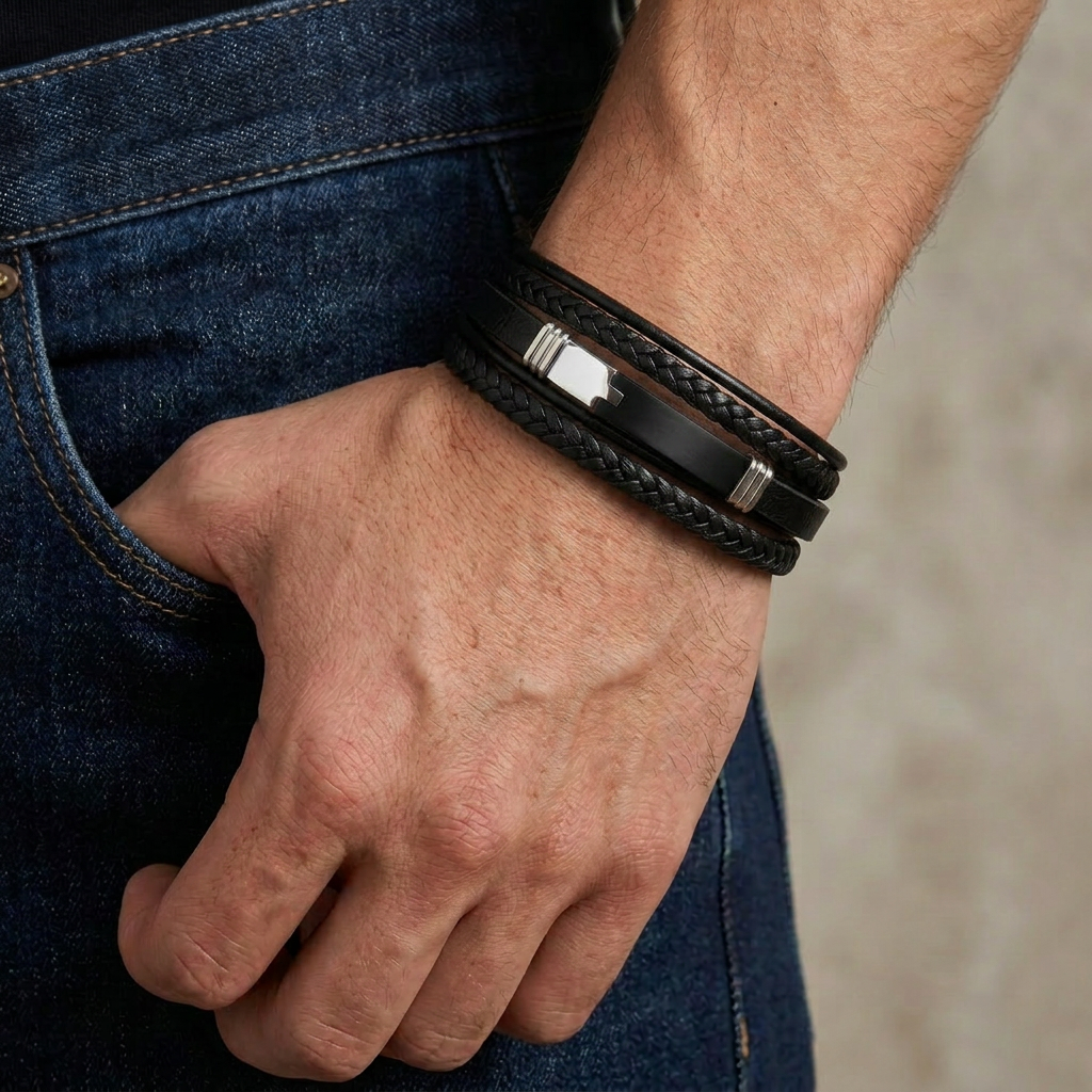 Delemon a pre-stacked multi-strand black braided leather bracelet