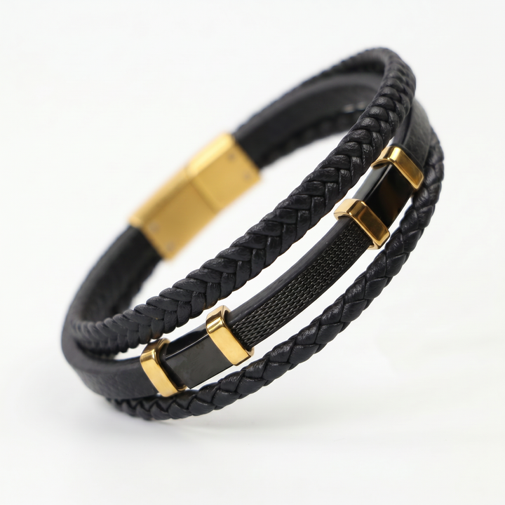 featuring a pre-stacked multi-strand black braided leather bracelet with black and gold