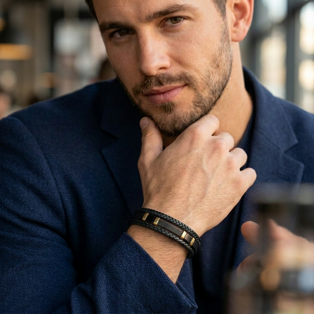 featuring a pre-stacked multi-strand black braided leather bracelet with black and gold