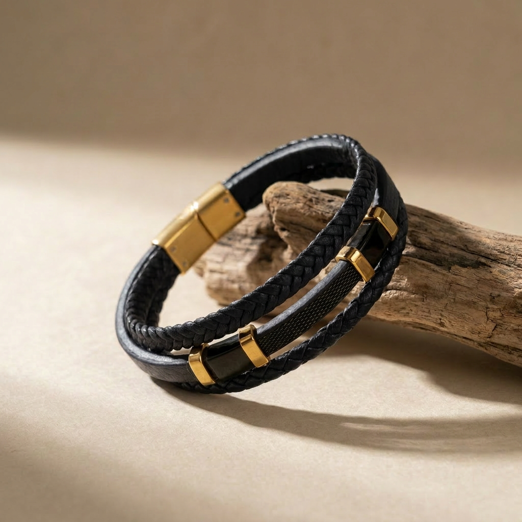 featuring a pre-stacked multi-strand black braided leather bracelet with black and gold