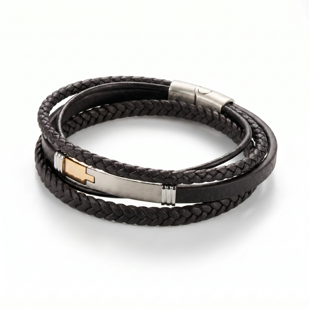 Delemon multi-strand black braided leather bracelet with a dual-tone steel clasp