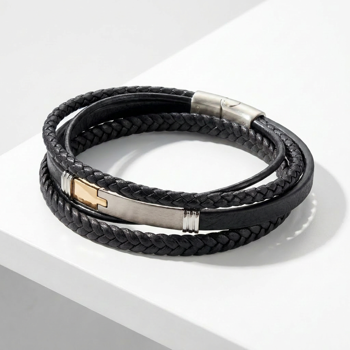 Delemon multi-strand black braided leather bracelet with a dual-tone steel clasp