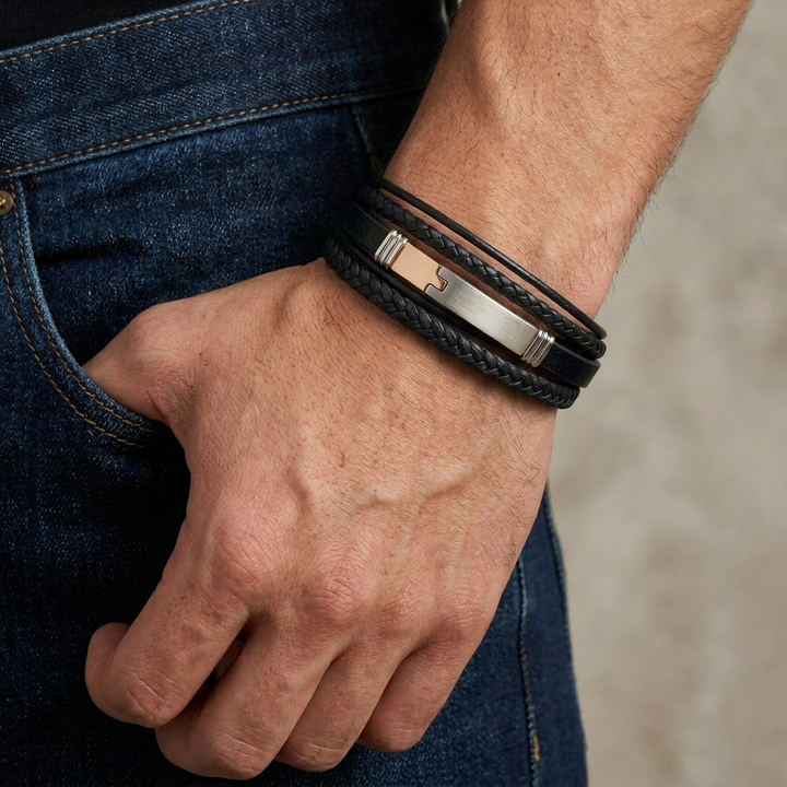 Delemon multi-strand black braided leather bracelet with a dual-tone steel clasp