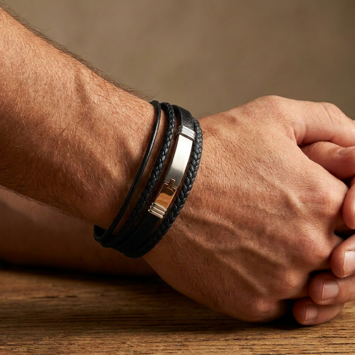 Delemon multi-strand black braided leather bracelet with a dual-tone steel clasp