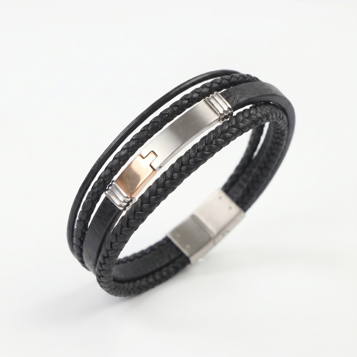 Delemon multi-strand black braided leather bracelet with a dual-tone steel clasp