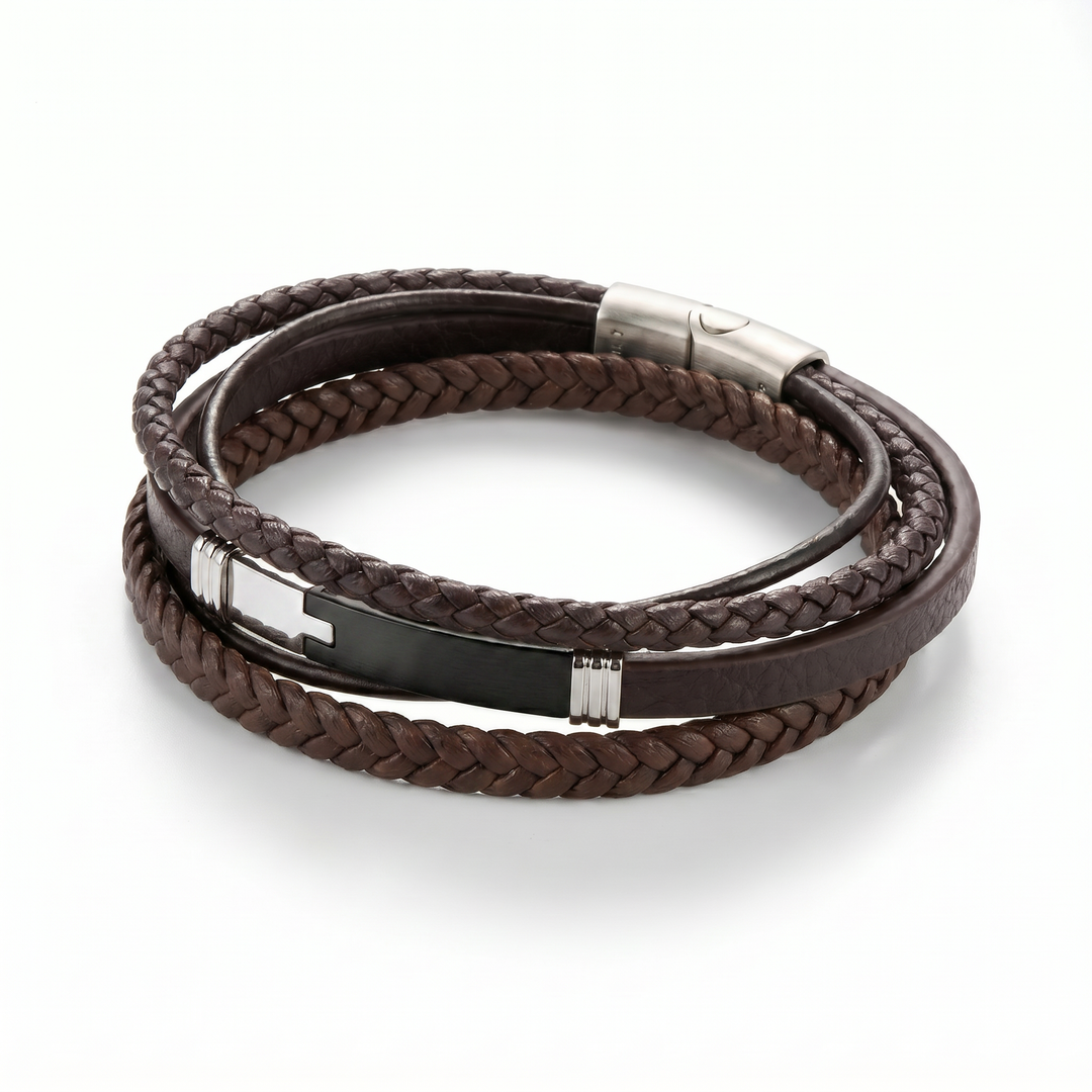 Delemon delemon-premium-genuine-leather-maverick-multi-layer-braided-brown-black-brushed-steel-clasp-bracelet