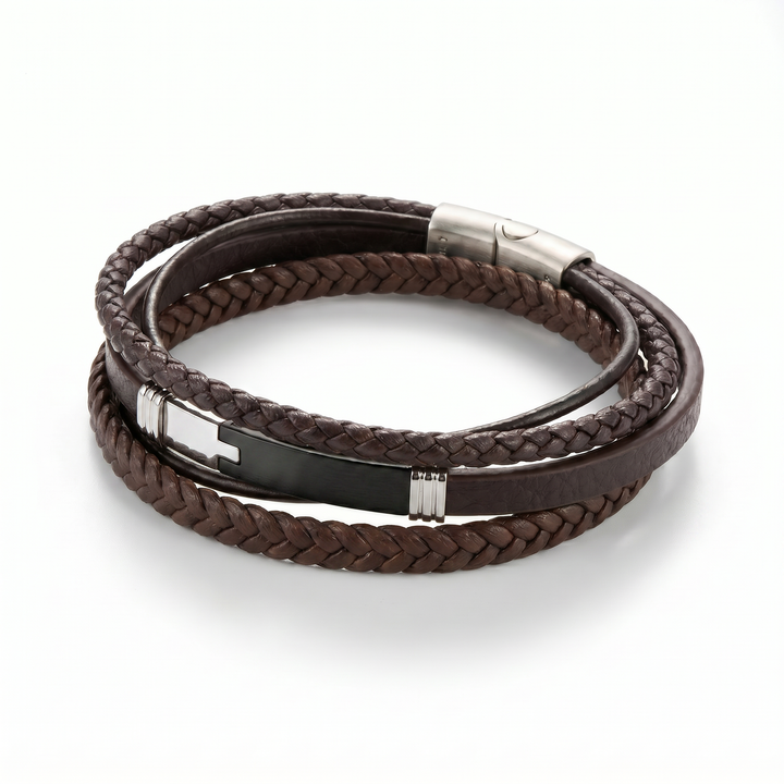 Delemon delemon-premium-genuine-leather-maverick-multi-layer-braided-brown-black-brushed-steel-clasp-bracelet