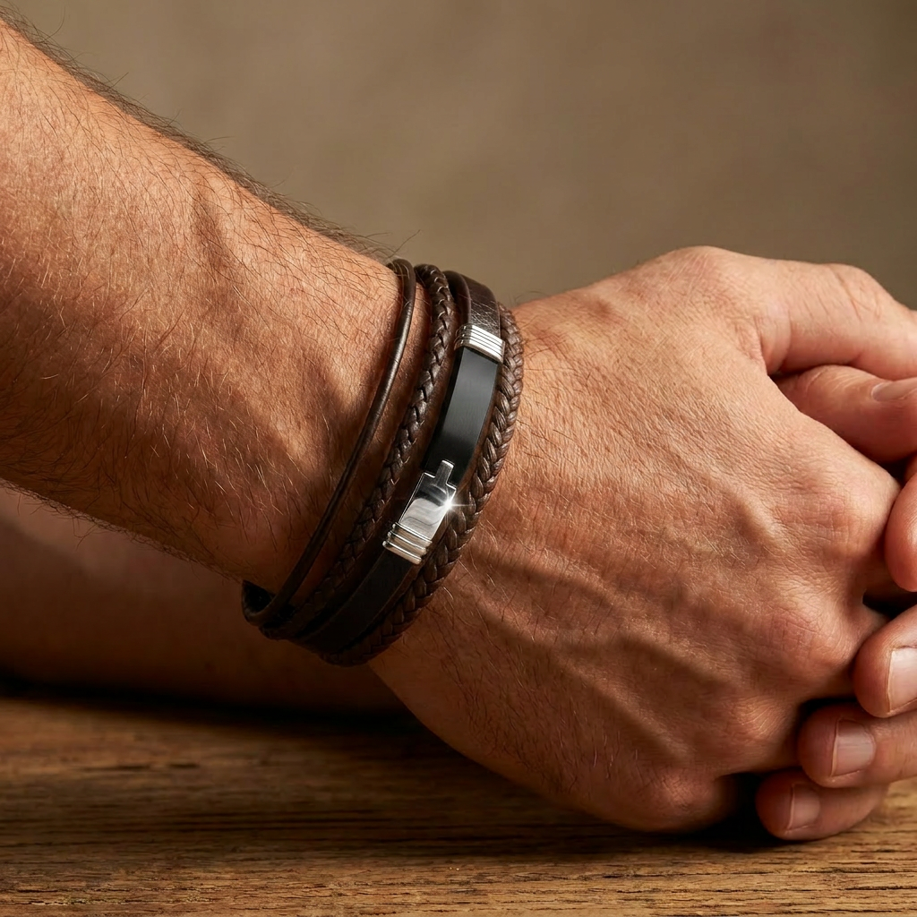 Delemon delemon-premium-genuine-leather-maverick-multi-layer-braided-brown-black-brushed-steel-clasp-bracelet
