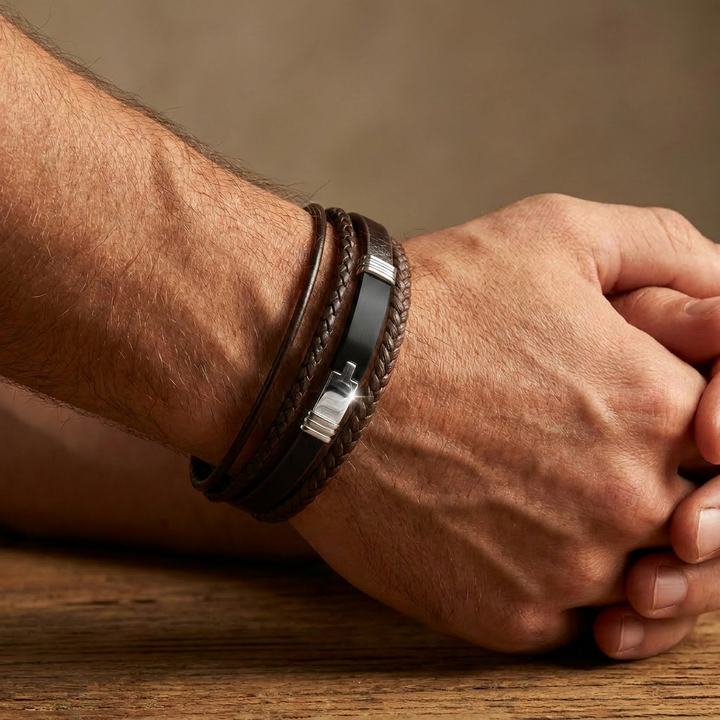 Delemon delemon-premium-genuine-leather-maverick-multi-layer-braided-brown-black-brushed-steel-clasp-bracelet