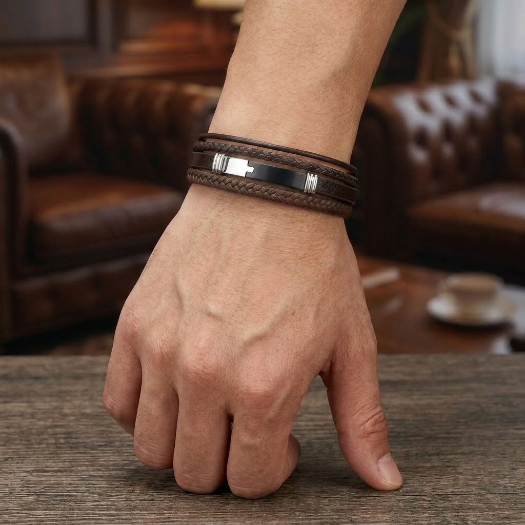 Delemon delemon-premium-genuine-leather-maverick-multi-layer-braided-brown-black-brushed-steel-clasp-bracelet