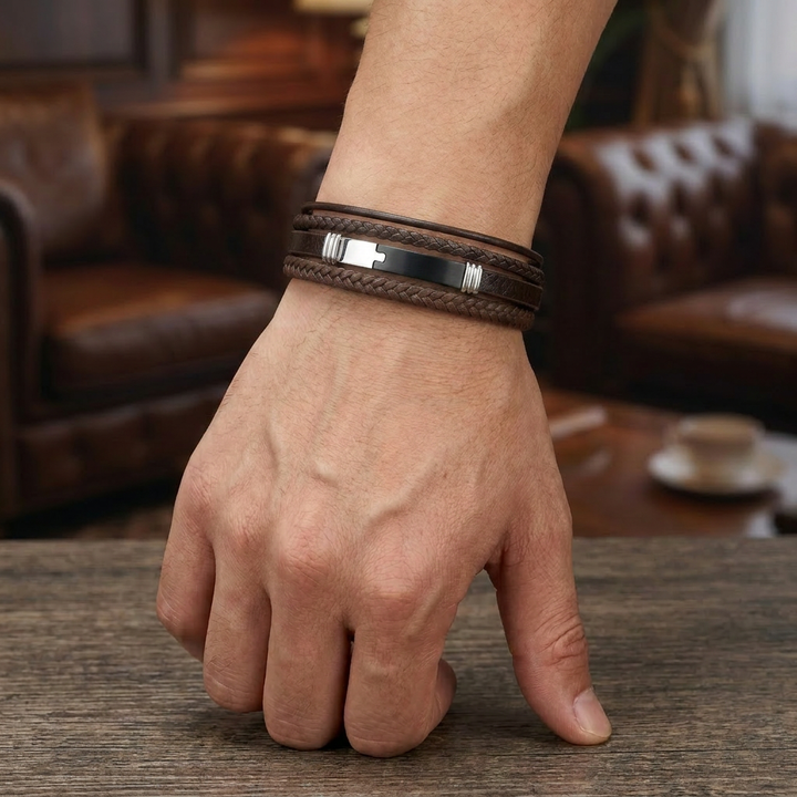 Delemon delemon-premium-genuine-leather-maverick-multi-layer-braided-brown-black-brushed-steel-clasp-bracelet