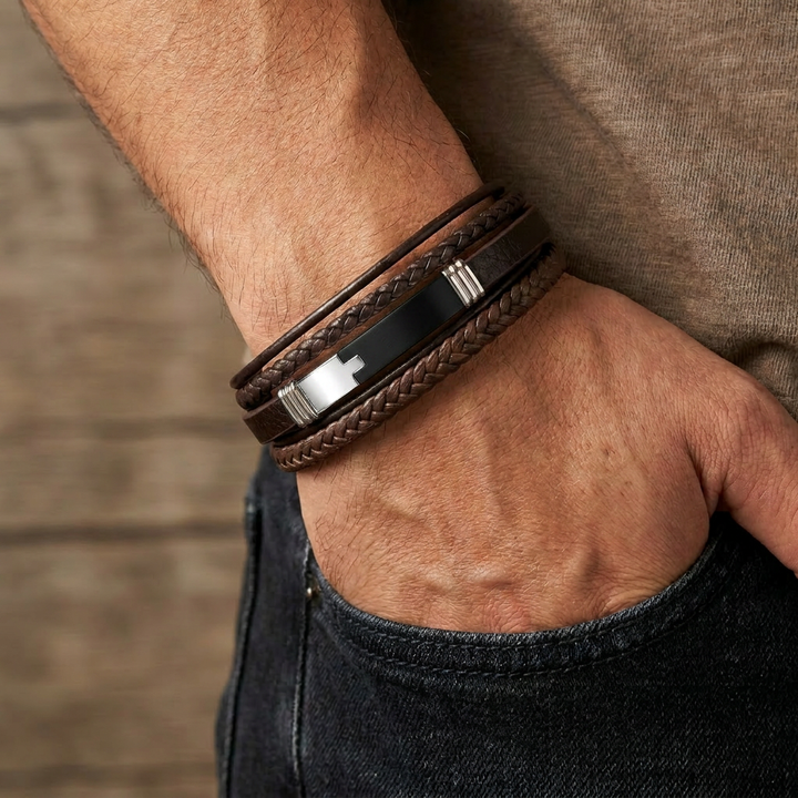 Delemon delemon-premium-genuine-leather-maverick-multi-layer-braided-brown-black-brushed-steel-clasp-bracelet
