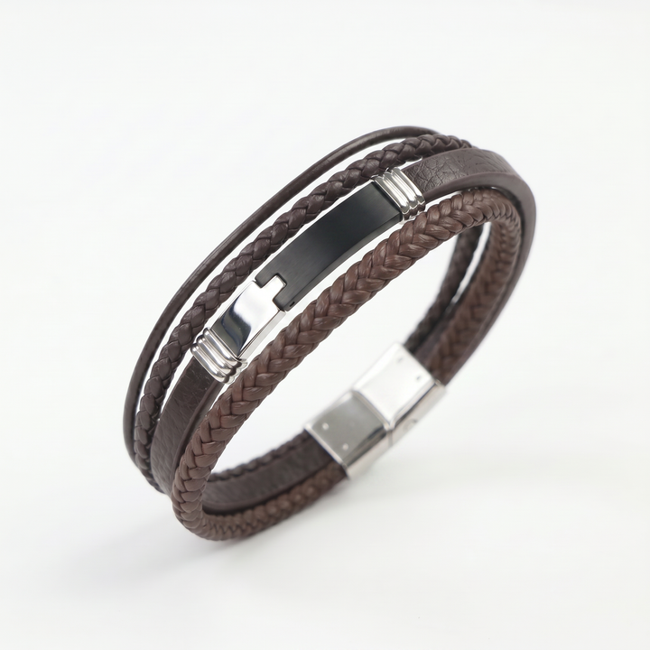 Delemon delemon-premium-genuine-leather-maverick-multi-layer-braided-brown-black-brushed-steel-clasp-bracelet