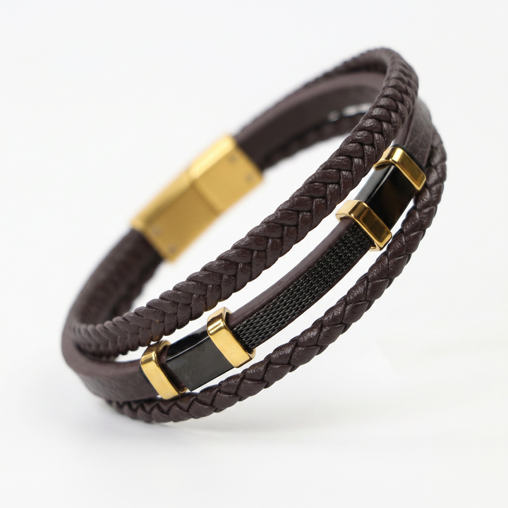 Delemon featuring a pre-stacked multi-strand brown braided leather bracelet