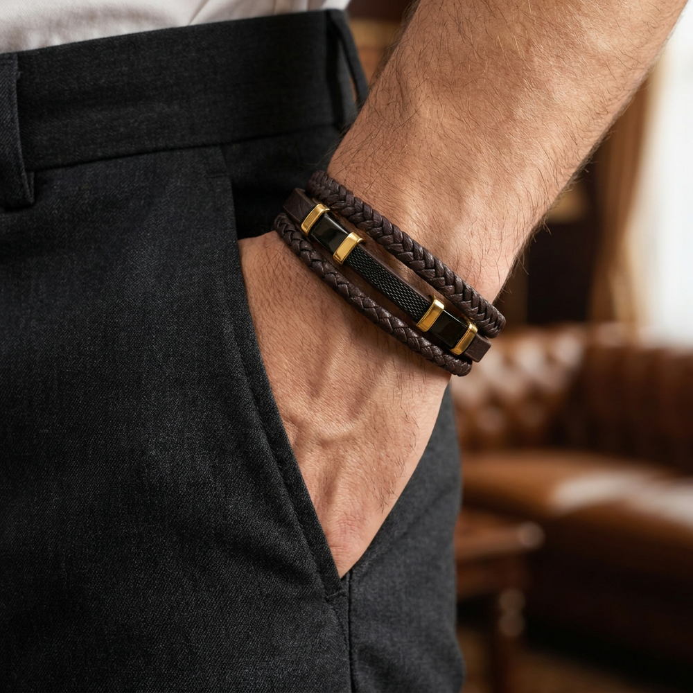 Delemon featuring a pre-stacked multi-strand brown braided leather bracelet