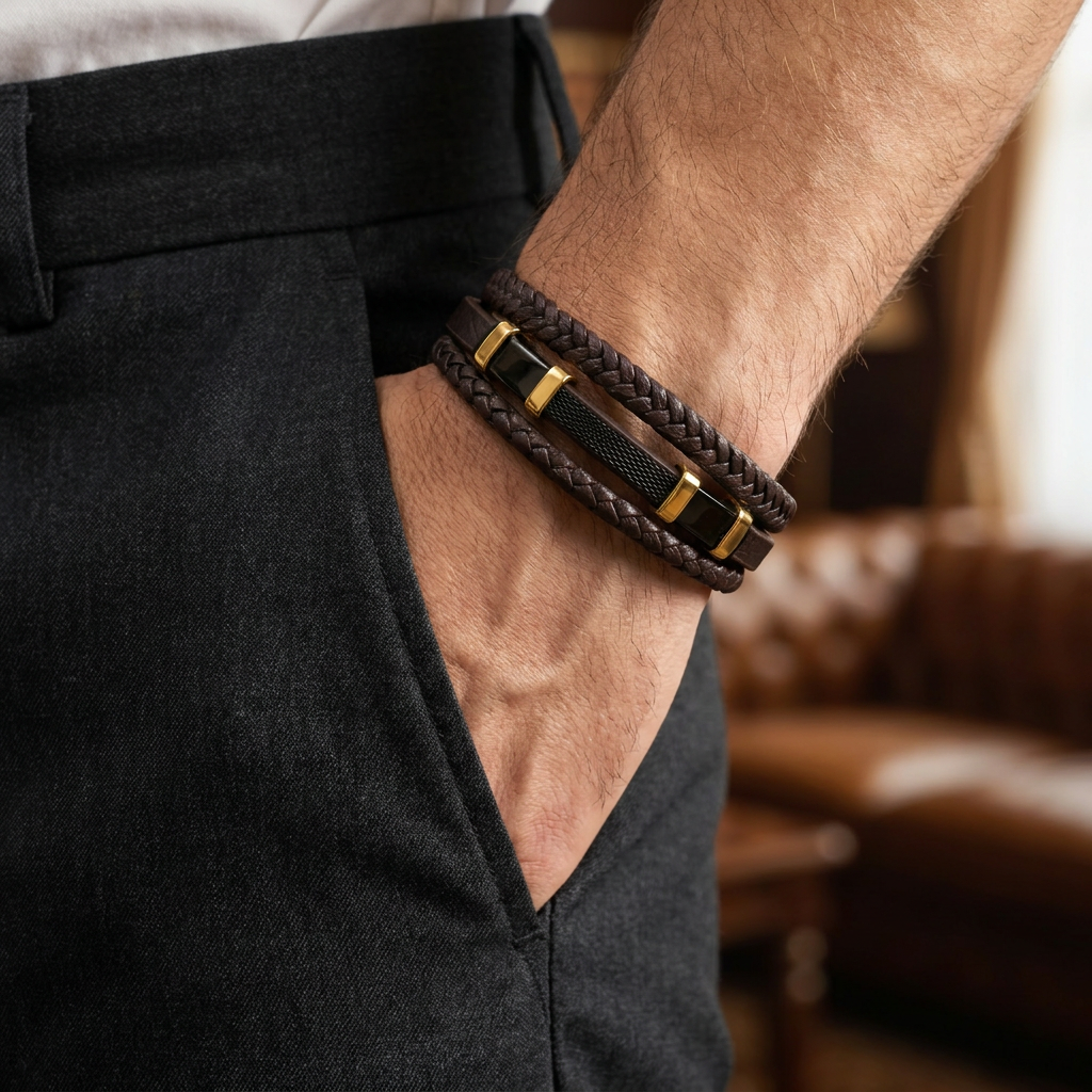 Delemon featuring a pre-stacked multi-strand brown braided leather bracelet