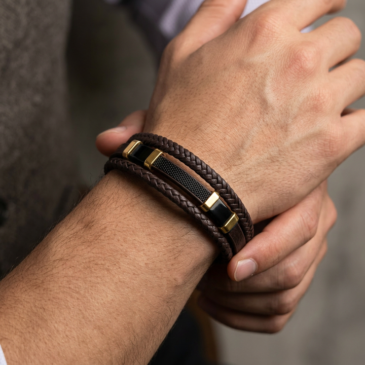 Delemon featuring a pre-stacked multi-strand brown braided leather bracelet