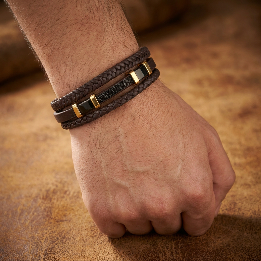 Delemon featuring a pre-stacked multi-strand brown braided leather bracelet