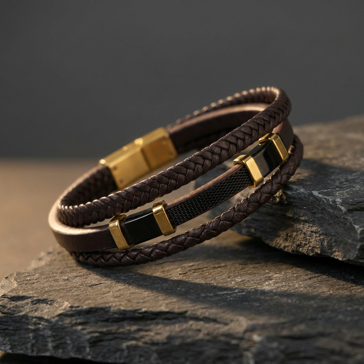 Delemon featuring a pre-stacked multi-strand brown braided leather bracelet