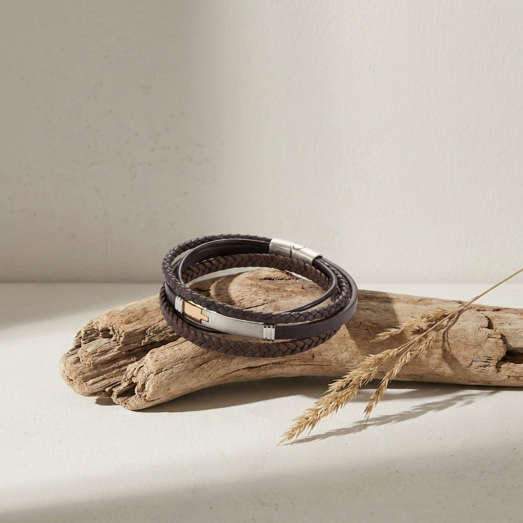 Delemon leather bracelet with a brushed stainless steel magnetic bar clasp