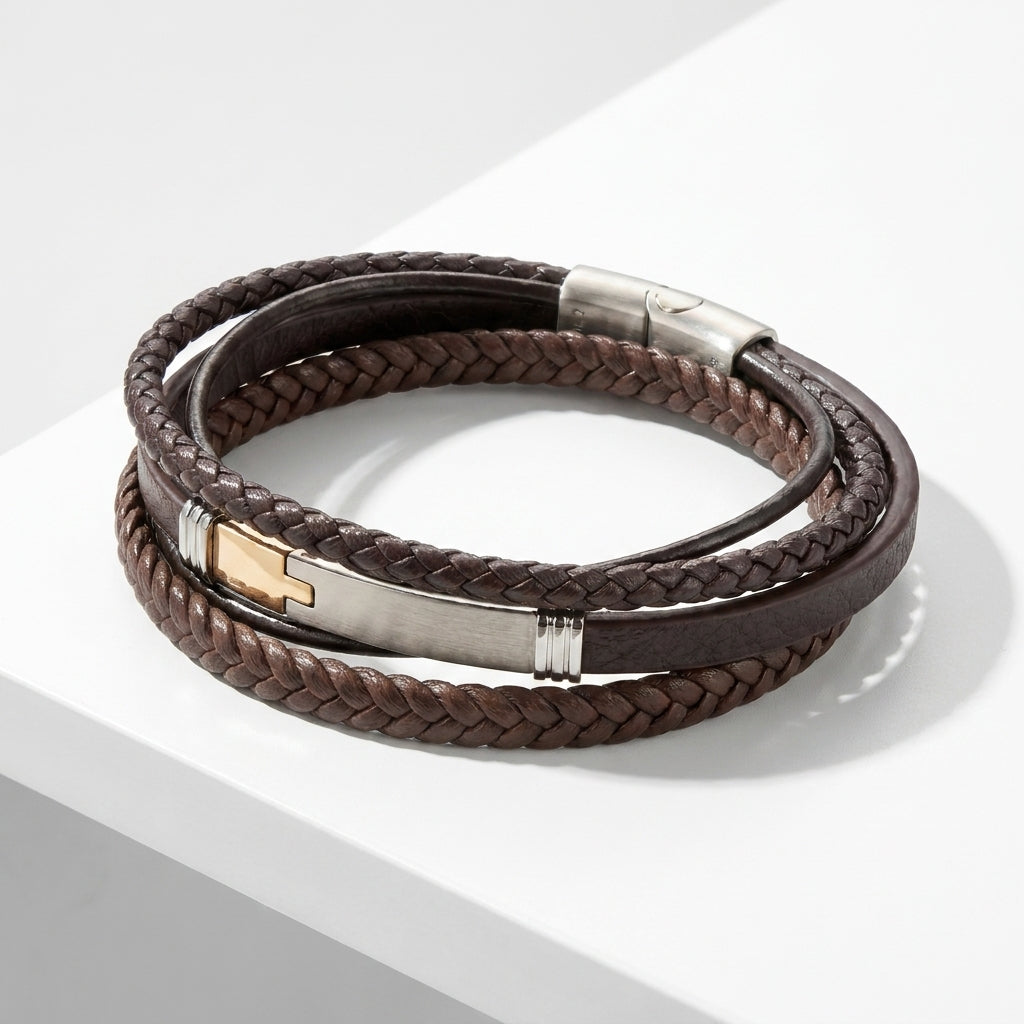 Delemon leather bracelet with a brushed stainless steel magnetic bar clasp
