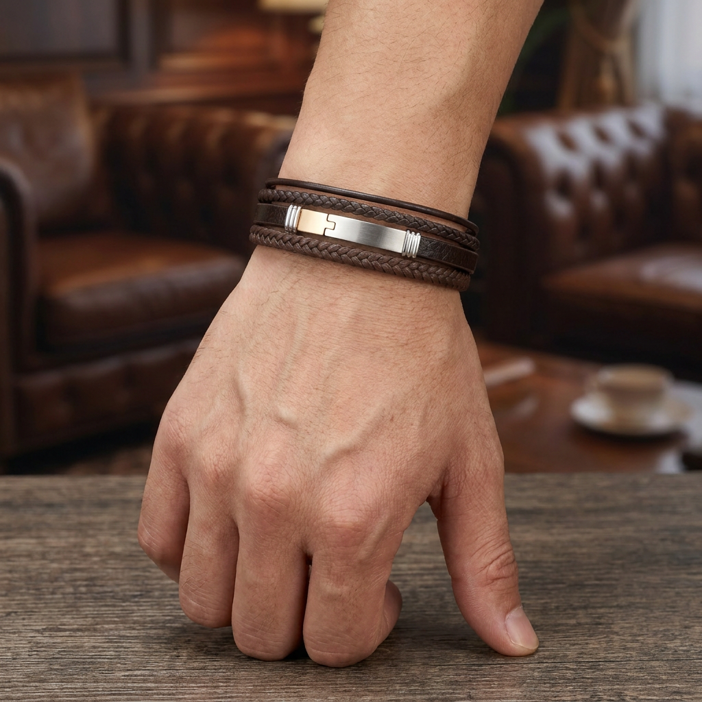 Delemon leather bracelet with a brushed stainless steel magnetic bar clasp