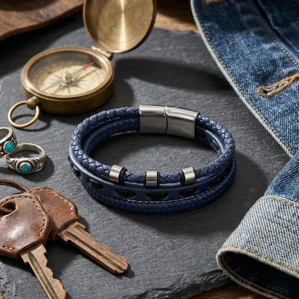 Delemon featuring a pre-stacked multi-strand navy blue braided leather bracelet with silver accent beads