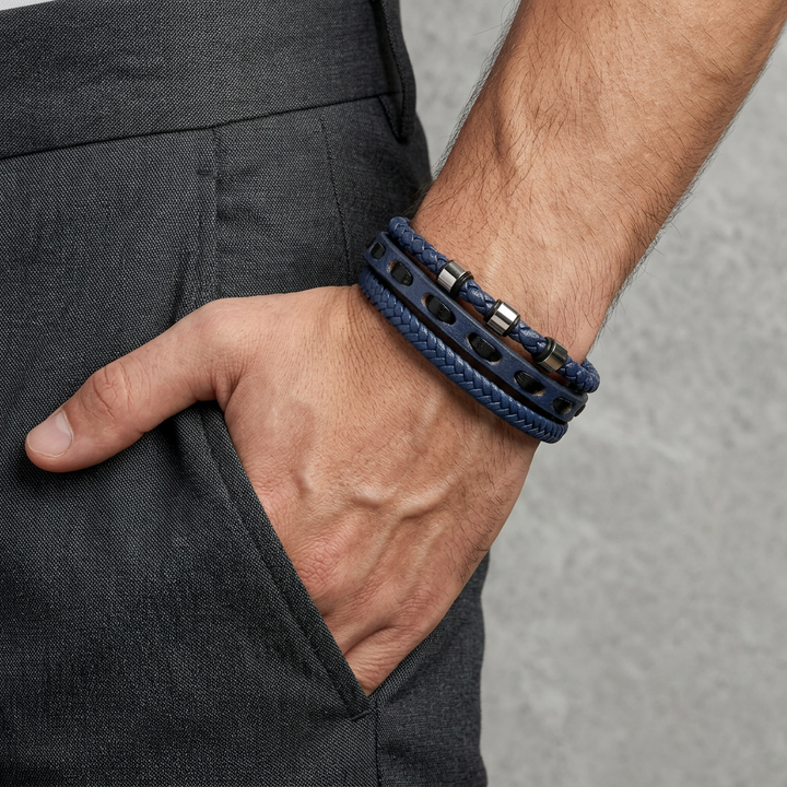 Delemon featuring a pre-stacked multi-strand navy blue braided leather bracelet with silver accent beads