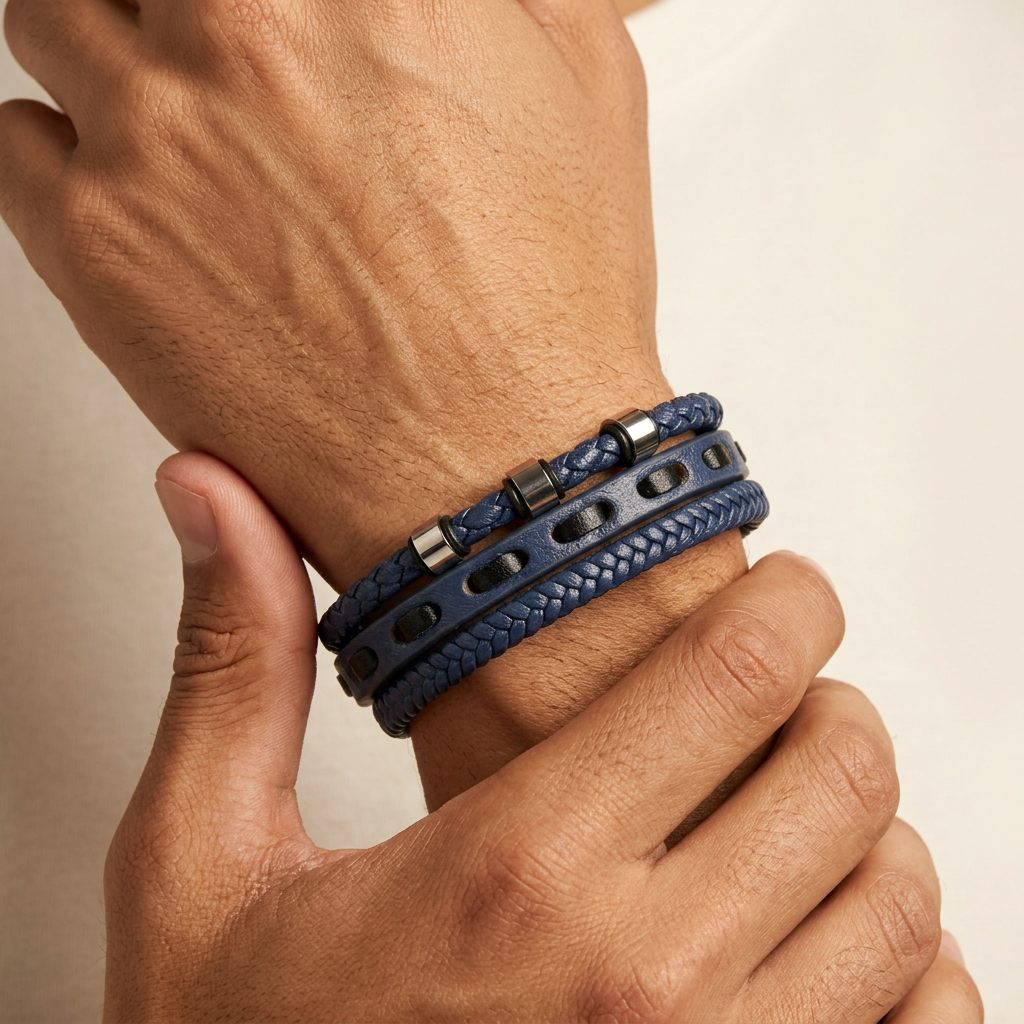 Delemon featuring a pre-stacked multi-strand navy blue braided leather bracelet with silver accent beads