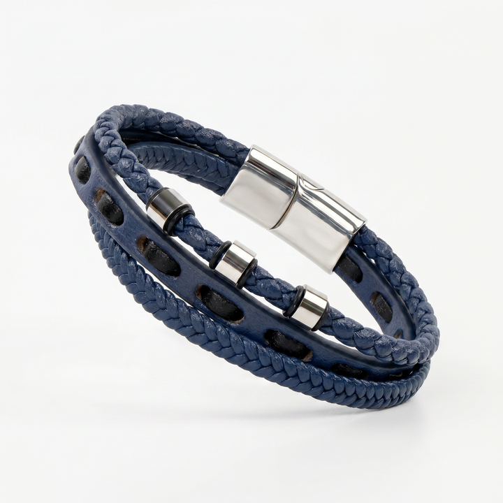 Delemon featuring a pre-stacked multi-strand navy blue braided leather bracelet with silver accent beads