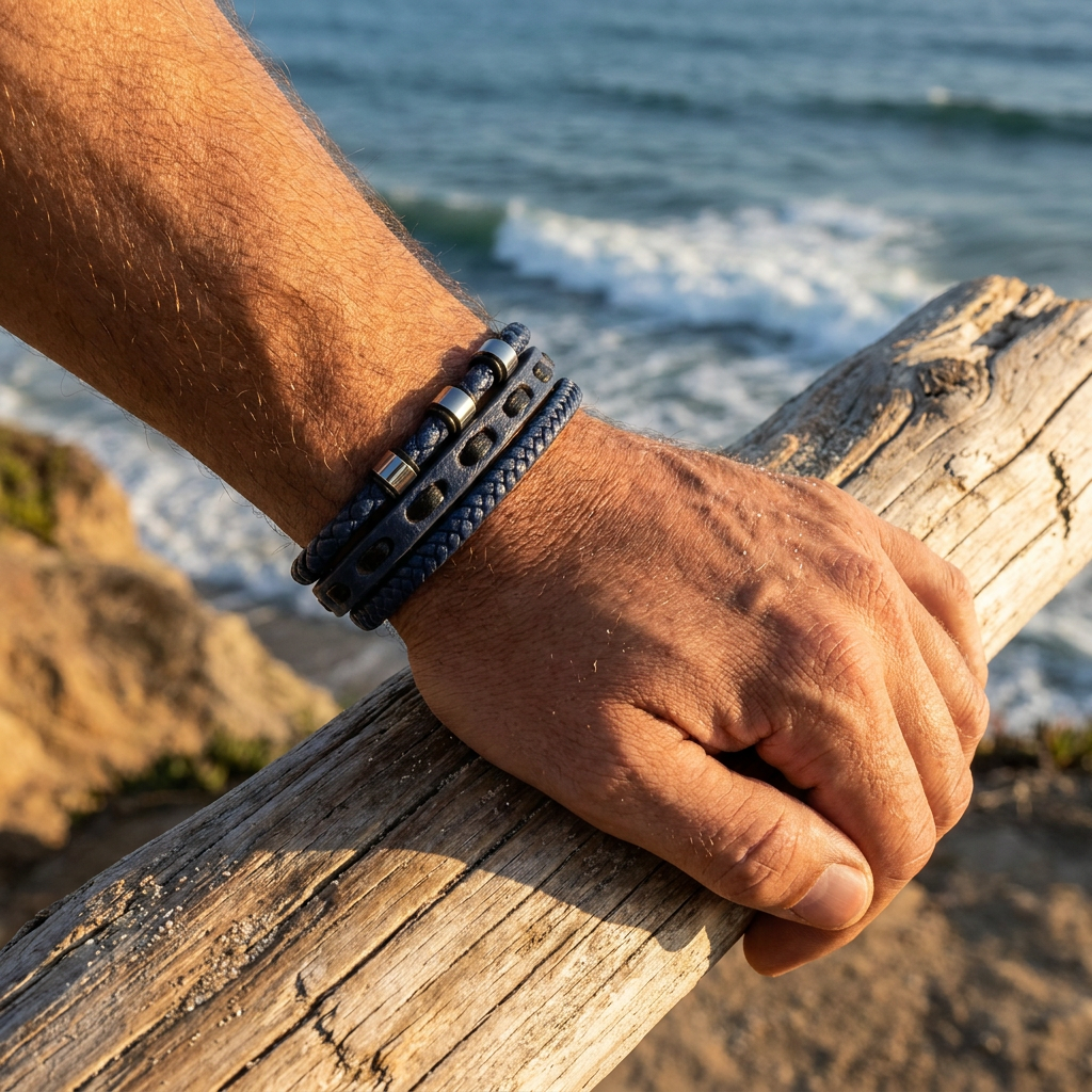 Delemon featuring a pre-stacked multi-strand navy blue braided leather bracelet with silver accent beads