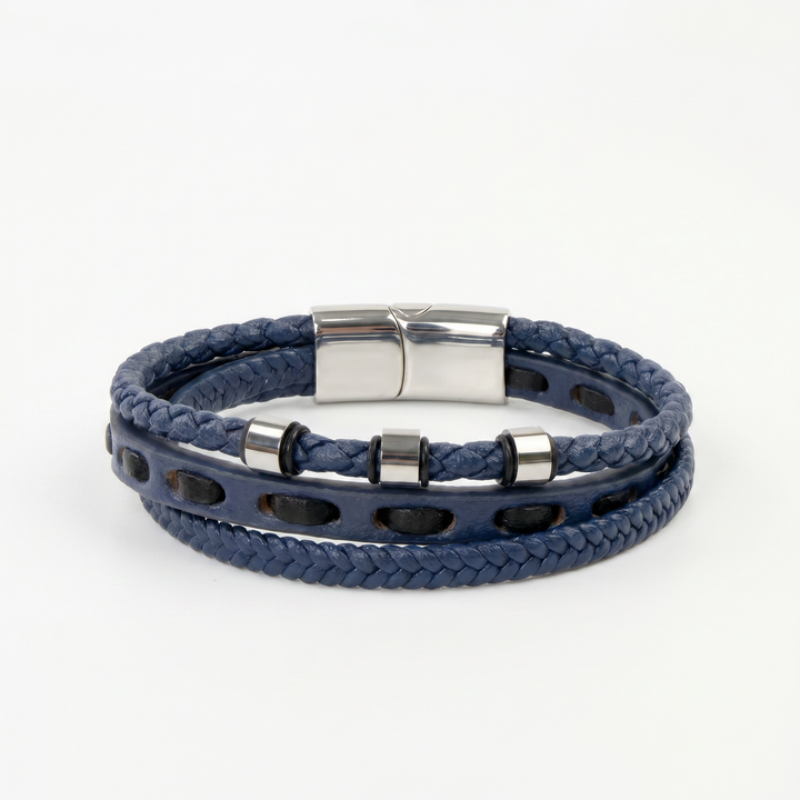 Delemon featuring a pre-stacked multi-strand navy blue braided leather bracelet with silver accent beads