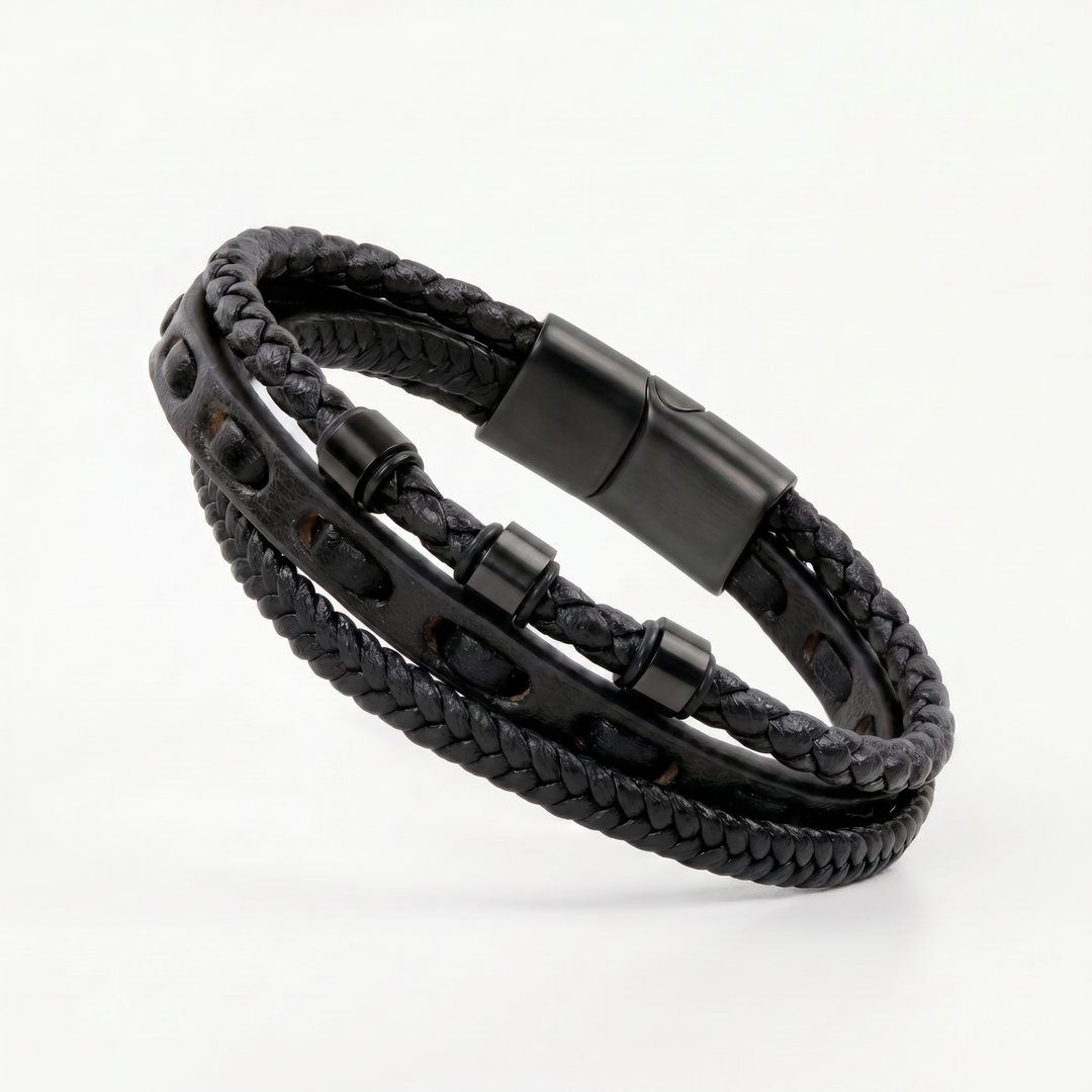 Delemon featuring a pre-stacked multi-strand all-black braided leather bracelet