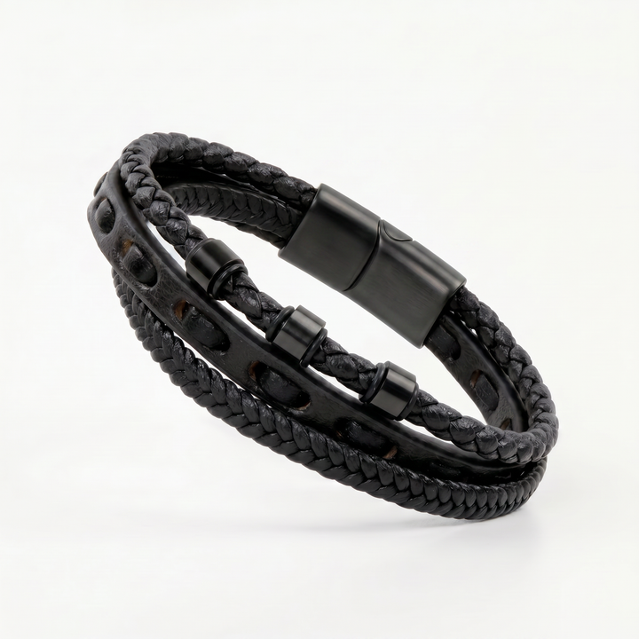 Delemon featuring a pre-stacked multi-strand all-black braided leather bracelet