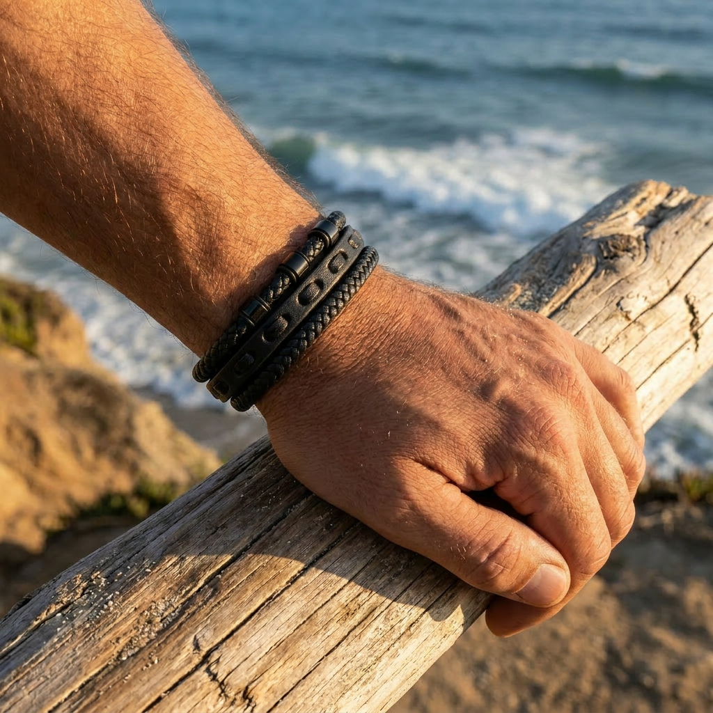 Delemon featuring a pre-stacked multi-strand all-black braided leather bracelet