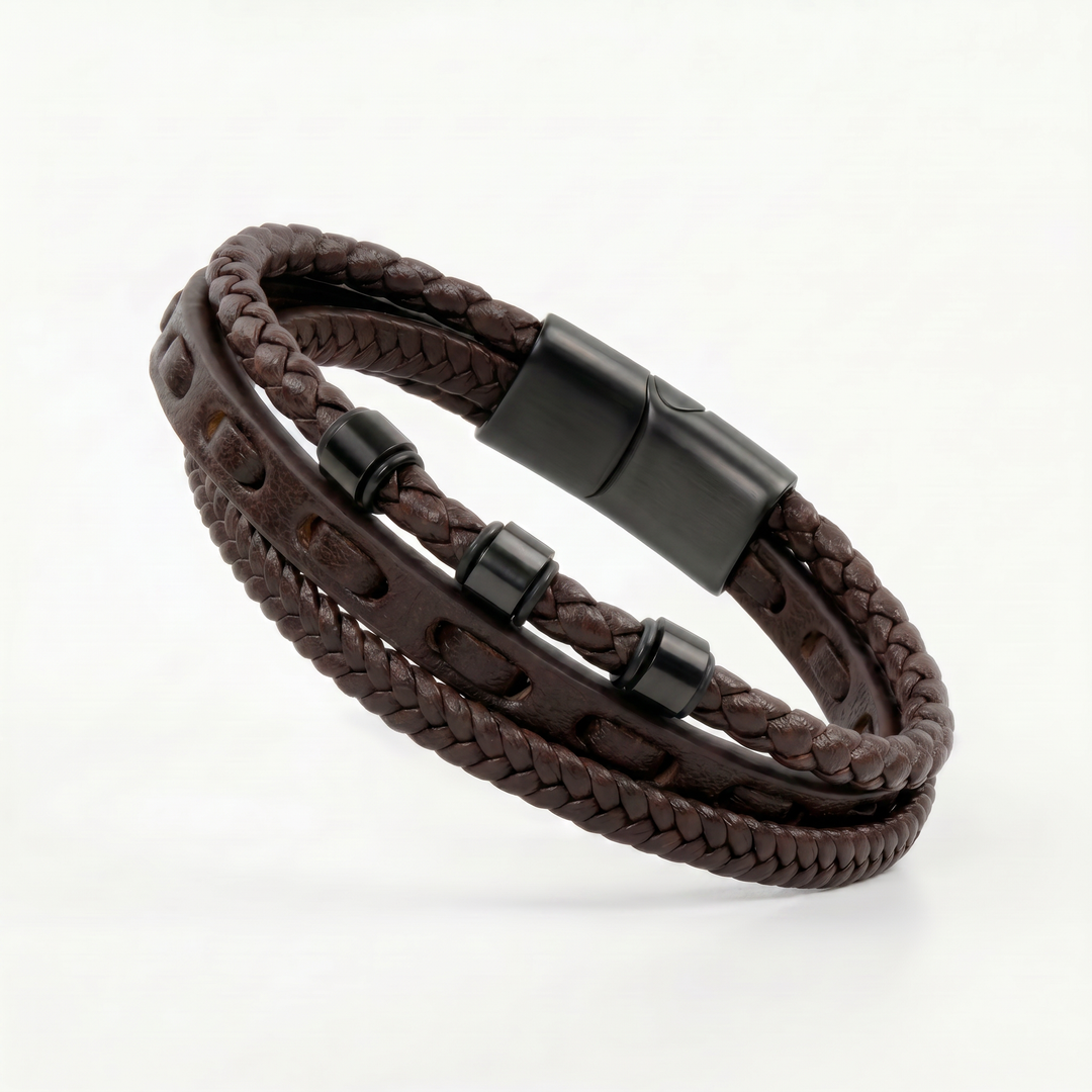 Delemon featuring a pre-stacked multi-strand all-black braided leather bracelet