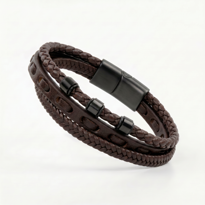 Delemon featuring a pre-stacked multi-strand all-black braided leather bracelet