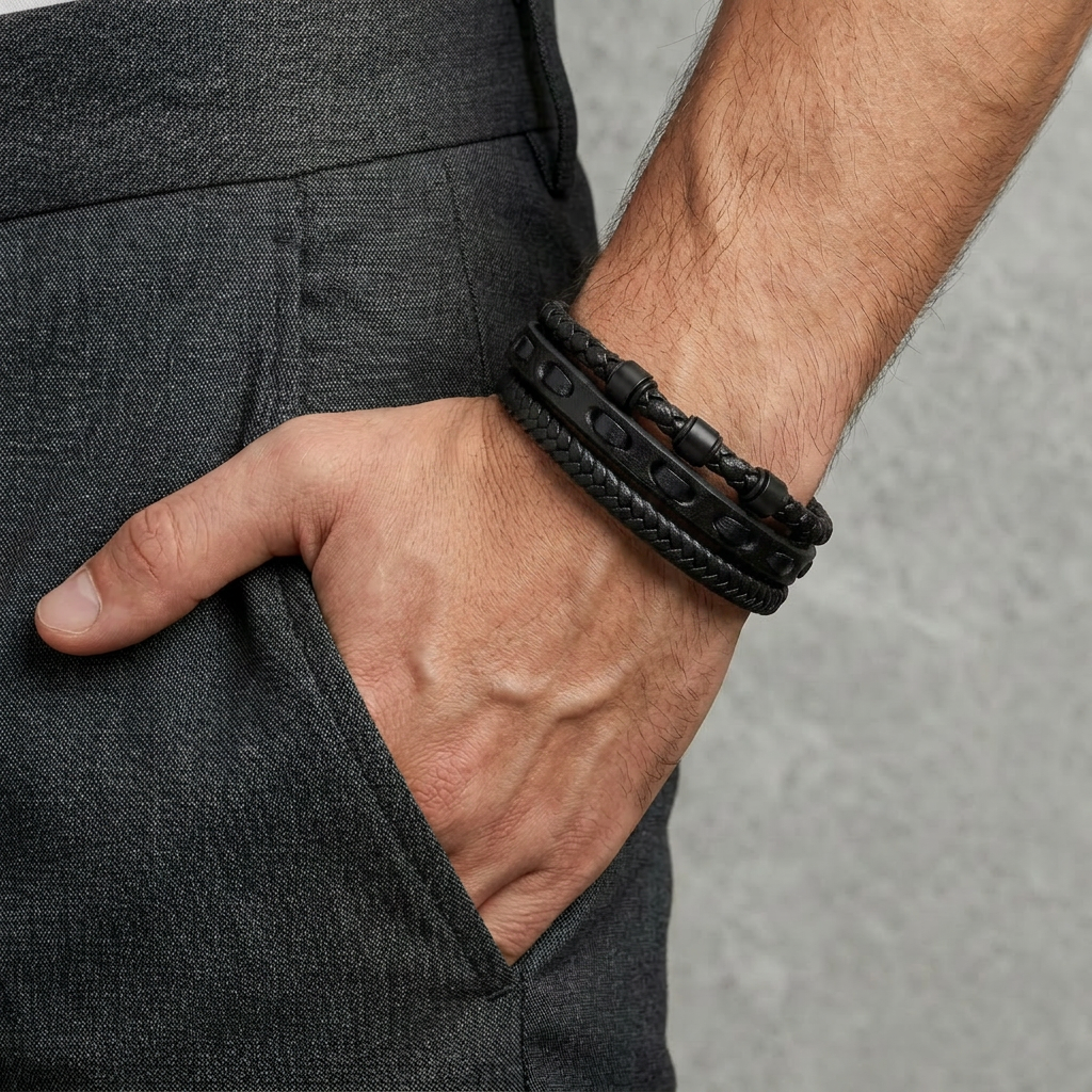 Delemon featuring a pre-stacked multi-strand all-black braided leather bracelet