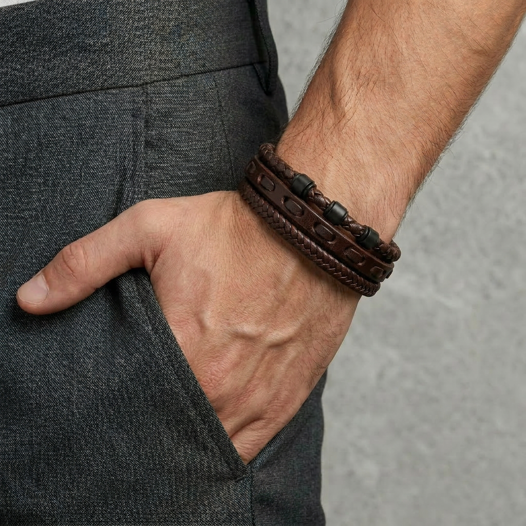 Delemon featuring a pre-stacked multi-strand all-black braided leather bracelet