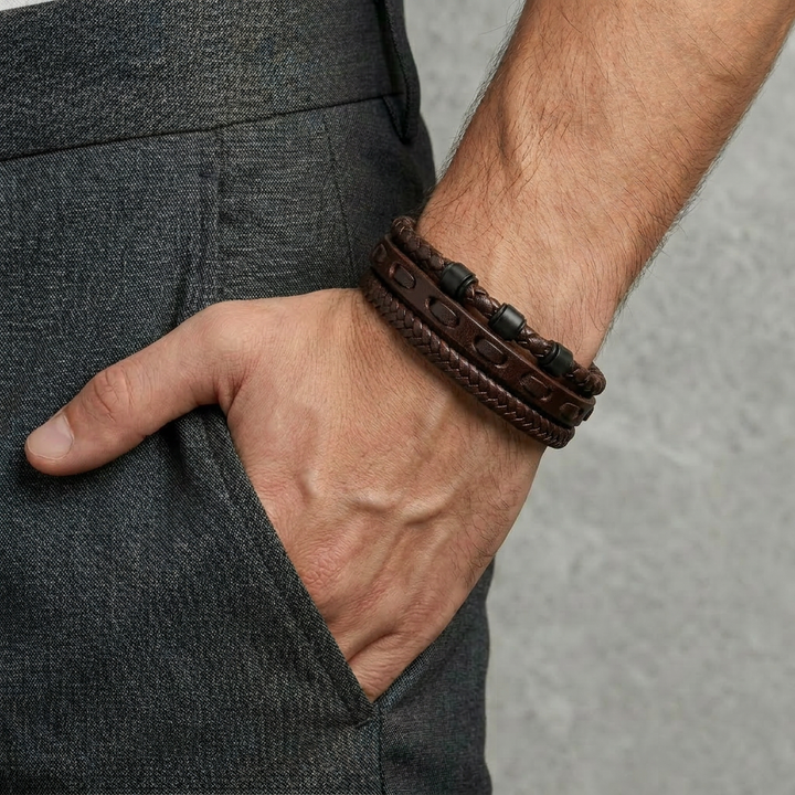 Delemon featuring a pre-stacked multi-strand all-black braided leather bracelet