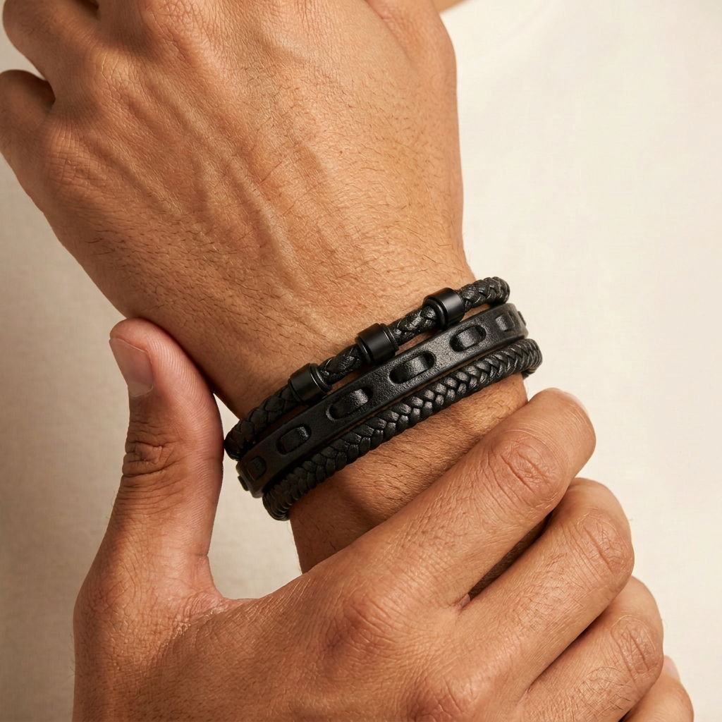 Delemon featuring a pre-stacked multi-strand all-black braided leather bracelet