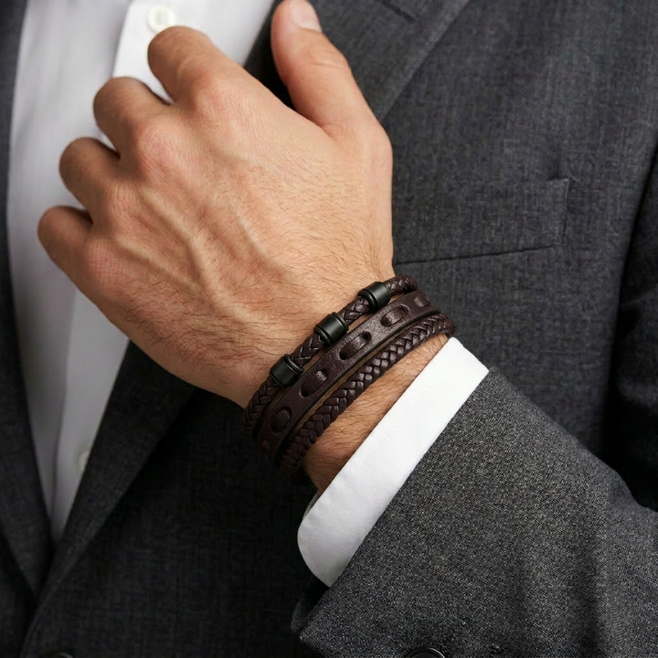 Delemon featuring a pre-stacked multi-strand all-black braided leather bracelet
